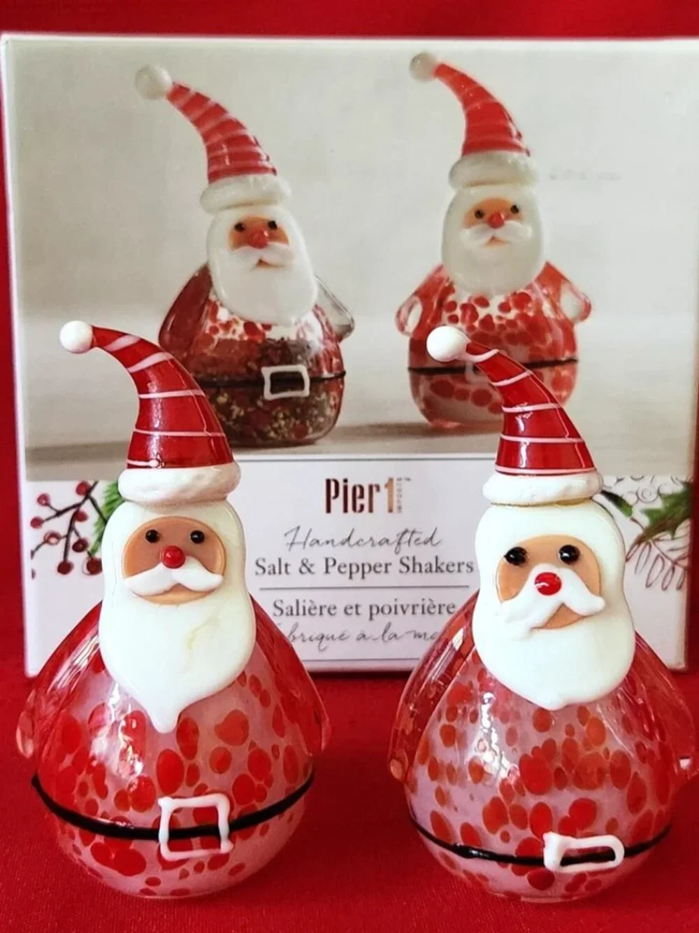 Pier 1 Imports Hand Blown Glass Santa Claus Christmas Salt/Pepper Shakers NIB